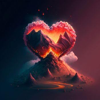 Illustration of a volcano erupting in the form of a heart. High quality illustration