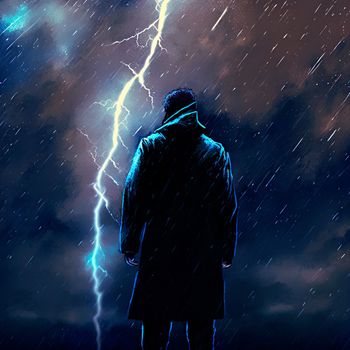 Mysterious man in a black raincoat on the background of thunder. High quality photo