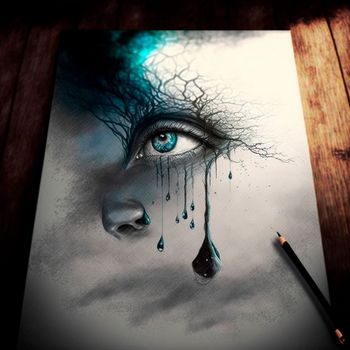 Blue eye.beautiful 3d sketch with colored elements. The drawing goes off the paper. High quality illustration