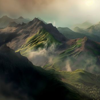 Green mountain range. Landscape of misty mountains. High quality illustration