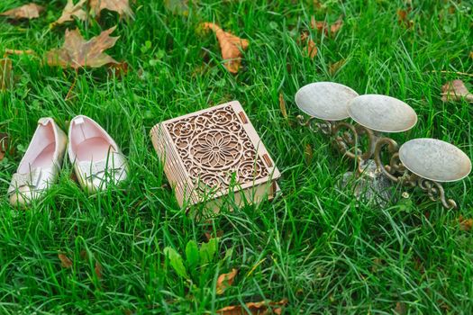 Little princess things: shoes, casket in the form of a book and antique candlestick in the grass