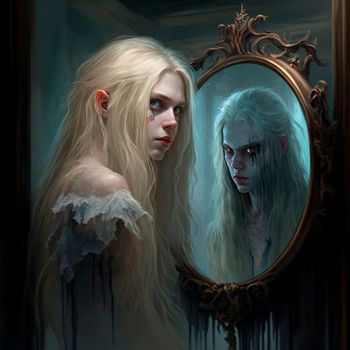 he girl sees a monster in the mirror instead of her reflection. High quality illustration