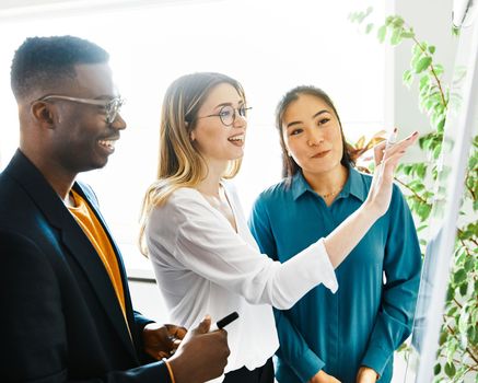 Portrait of young business people having a meeting in the front of a whiteboard in the office. Teamwork and success concept