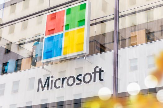 NEW YORK, USA - MAY 15, 2019: Microsoft store in Manhattan. Microsoft is world's largest software maker dominant in PC operating systems, office apps and web browser market.