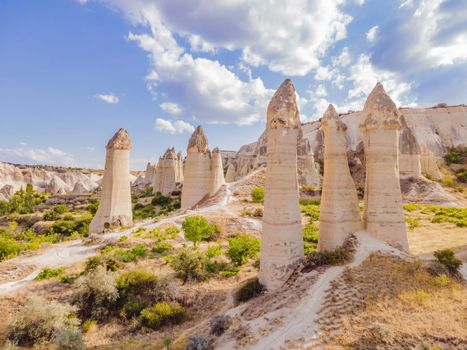 Unique geological formations in Love Valley in Cappadocia, popular travel destination in Turkey.