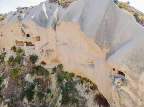 Beautiful stunning view of the mountains of Cappadocia and cave houses. Turkey.