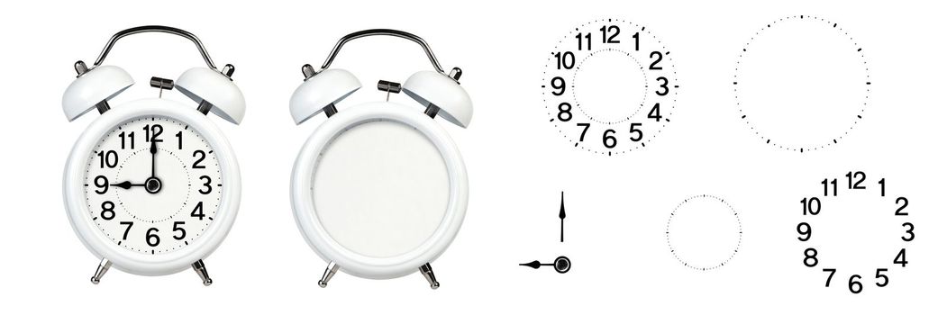 alarm clock without arrows. Empty alarm clock with a set of numbers and arrows. White classic alarm clock on a white background without arrows and numbers, space to insert text or copy.