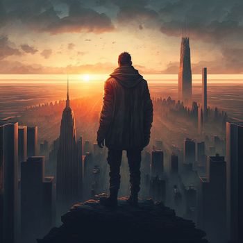 a man on top of skyscrapers looking at the city in the sunset rays. High quality illustration