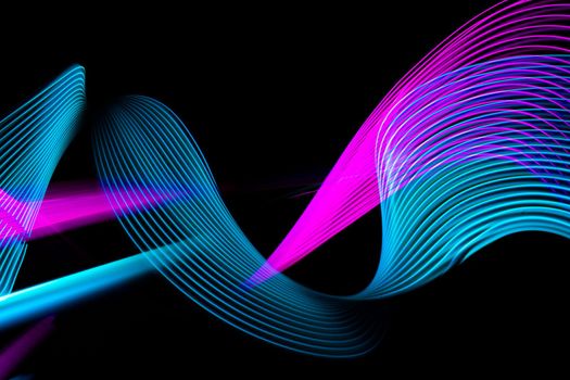 Abstract technology banner design. Digital neon lines on black background. Modern texture. Waves flow. Quantum explosion. High quality photo