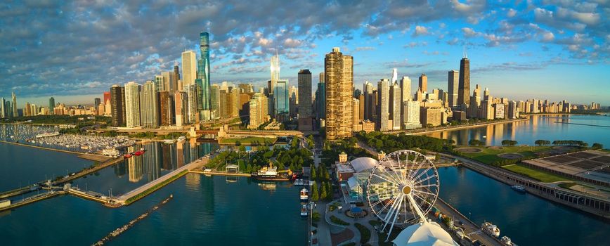 Image of Panorama of Navy Pier and Chicago skyline from above in morning light