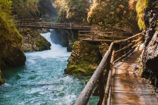 Sunset over the Vintgar gorge in autumn Slovenia.