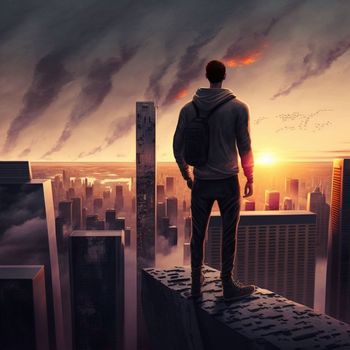 a man on top of skyscrapers looking at the city in the sunset rays. High quality illustration