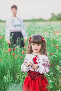 Girl and mother in Ukrainian national clothes in the field.