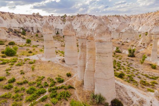 Unique geological formations in Love Valley in Cappadocia, popular travel destination in Turkey.