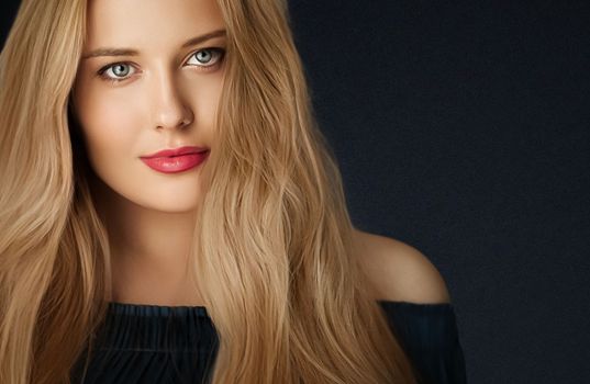 Beauty, makeup and skincare, face portrait of beautiful woman with long hairstyle on black background for luxury cosmetics, wellness or glamour fashion look