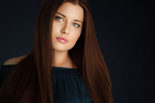 Beauty, makeup and skincare, face portrait of beautiful woman with long hairstyle on black background for luxury cosmetics, wellness or glamour fashion look