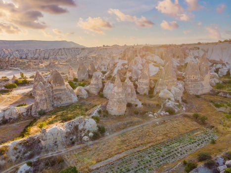 Beautiful stunning view of the mountains of Cappadocia and cave houses. Turkey.