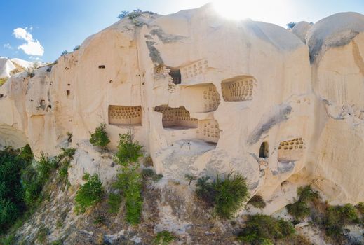 Beautiful stunning view of the mountains of Cappadocia and cave houses. Turkey.