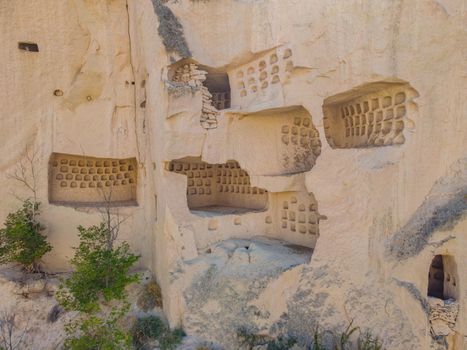 Beautiful stunning view of the mountains of Cappadocia and cave houses. Turkey.