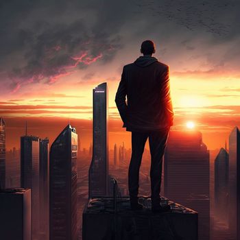 a man on top of skyscrapers looking at the city in the sunset rays. High quality illustration