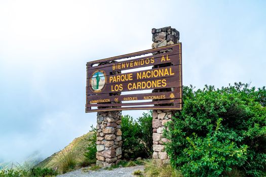 sign at the entrance to Los Cardones National Park in South America. 