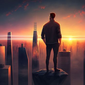 a man on top of skyscrapers looking at the city in the sunset rays. High quality illustration