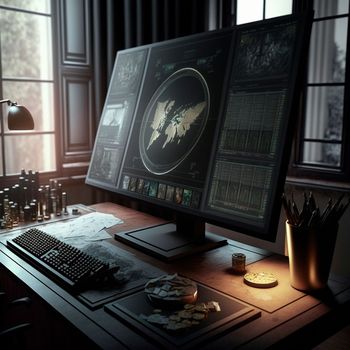 computer and screens with graphs in the office in retro style, graph analysis and world map. High quality illustration