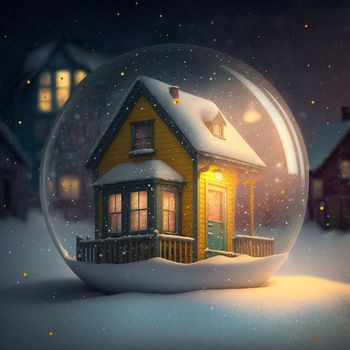 a small house with glowing windows in a glass ball, a New Year's exposition, a toy. High quality illustration