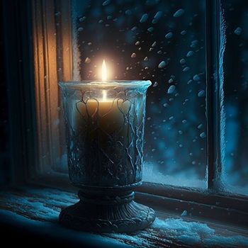 A candle in a glass by a frozen window. High quality illustration