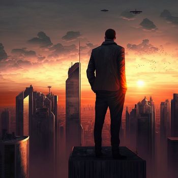 a man on top of skyscrapers looking at the city in the sunset rays. High quality illustration