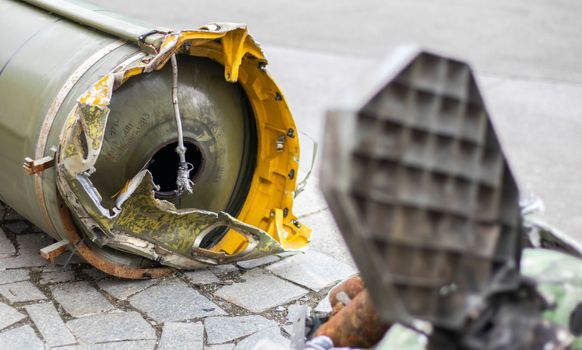 Parts of a tactical ballistic missile, OTR-21. Destroyed Russian military equipment. Spent projectile of the Soviet missile system of the divisional level Tochka U, SS-21 Scarab A, M-21