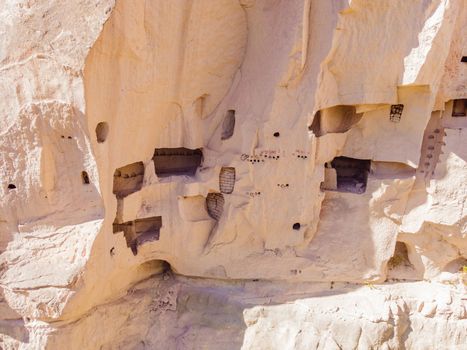 Beautiful stunning view of the mountains of Cappadocia and cave houses. Turkey.