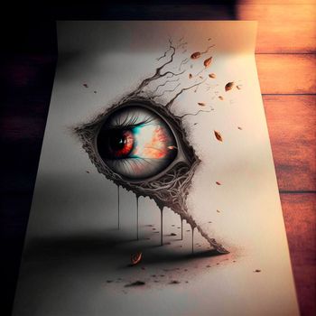 Red eye.beautiful 3d sketch with colored elements. The drawing goes off the paper. High quality illustration