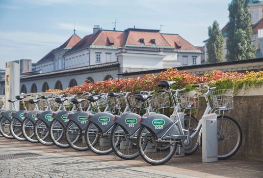 Ljubljana, Slovenia, September 2020: Bicycle rental for tourists in Slovenia.