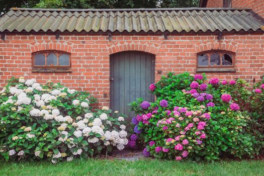 Old brick house with a large flower bed.