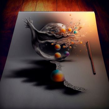 Aquarium with orange splashes. beautiful 3d sketch with colored elements. The drawing goes off the paper. High quality illustration