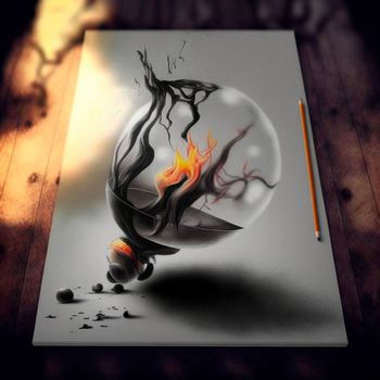 Light bulb with fire. beautiful 3d sketch with colored elements. The drawing goes off the paper. High quality illustration