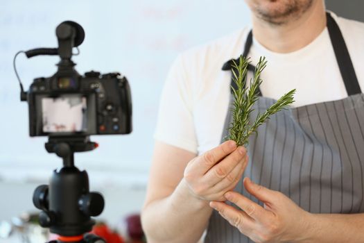 Cook blogger holds green rosemary in hands. Rosemary medicinal properties and healthy eating concept