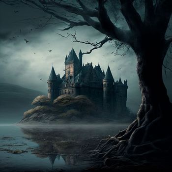 A gloomy mansion in gray tones. High quality illustration