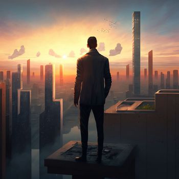 a man on top of skyscrapers looking at the city in the sunset rays. High quality illustration