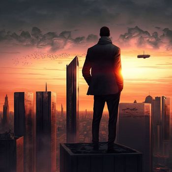 a man on top of skyscrapers looking at the city in the sunset rays. High quality illustration