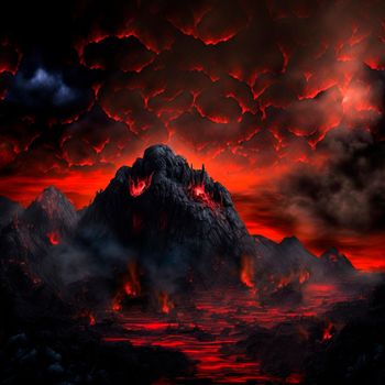 Red mountains, flashes and cracks on the surface. Gloomy sky. Magma and lava spread over the mountains. Lava world collection. High quality illustration