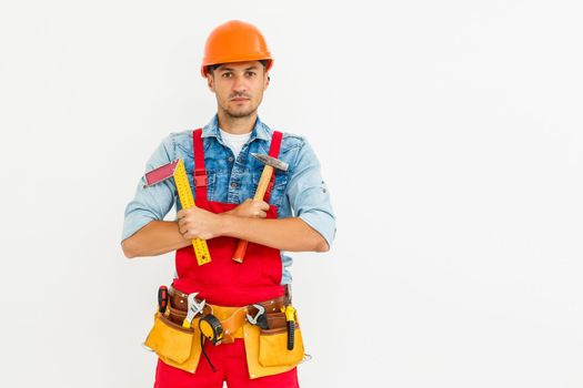 profession, construction and building - happy smiling male worker or builder in helmet over white background