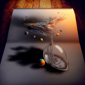 Aquarium with orange splashes. beautiful 3d sketch with colored elements. The drawing goes off the paper. High quality illustration