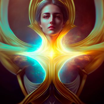 Mysterious angel woman with a halo and golden armor. High quality photo