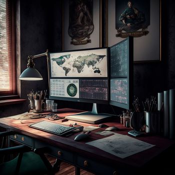 computer and screens with graphs in the office in retro style, graph analysis and world map. High quality illustration