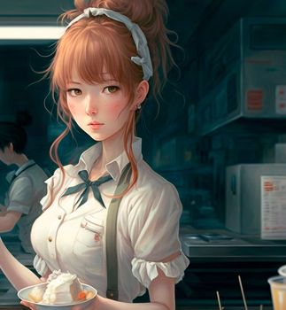 A waitress in an anime-style cafe. High quality illustration