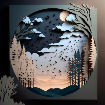 multi-layered crafts made of paper. Mountains, trees, forest and clouds. High quality illustration