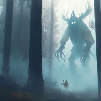 A scary forest spirit in a mystical misty forest. High quality illustration