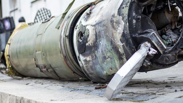 Remains of missile units of the operational-tactical missile system Tochka-U, 9M79M. The air defense system shot down a missile, part of it fell near the house. Soviet tactical bomb on the street